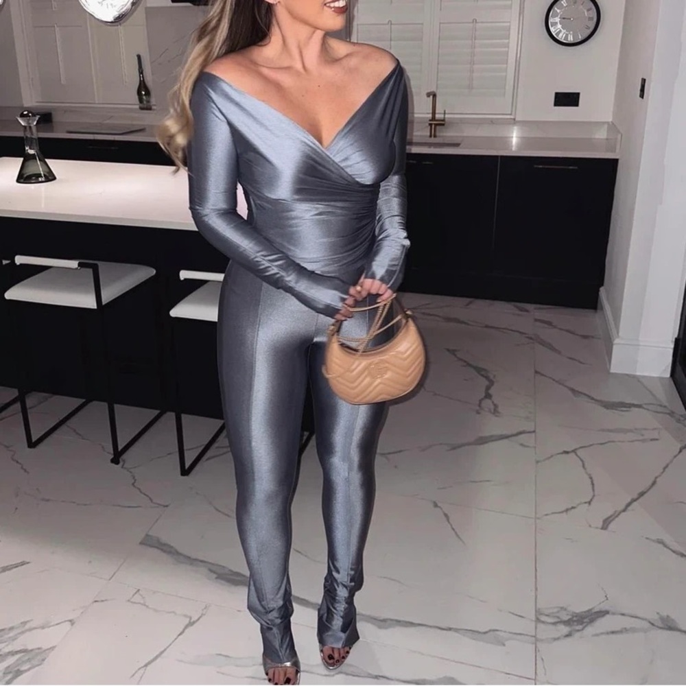 Elegant Silver Off-Shoulder 2 Piece Set